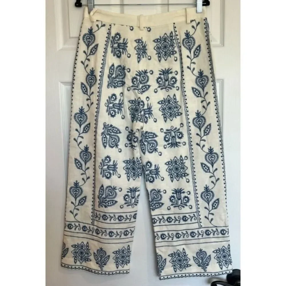 Zara Linen Embroidered Culottes Wide Leg Pants Size XL / NWT